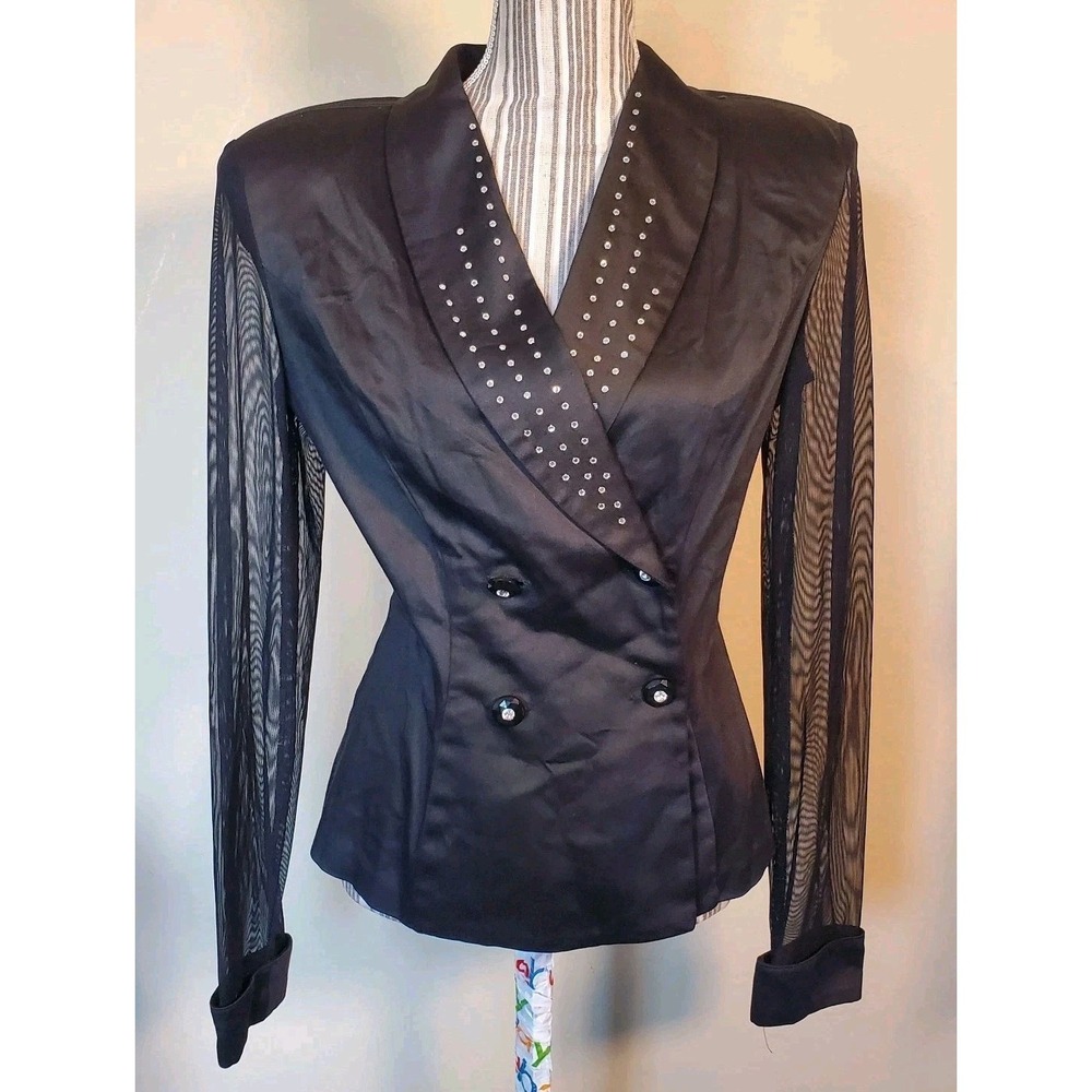 J. Harris Jacket Top Women L Open‎ Back Sheer Longsleeves Double Breasted Black